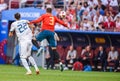 Spain national football team centre-back Gerard Pique against Russia national team striker Artem Dzyuba Royalty Free Stock Photo